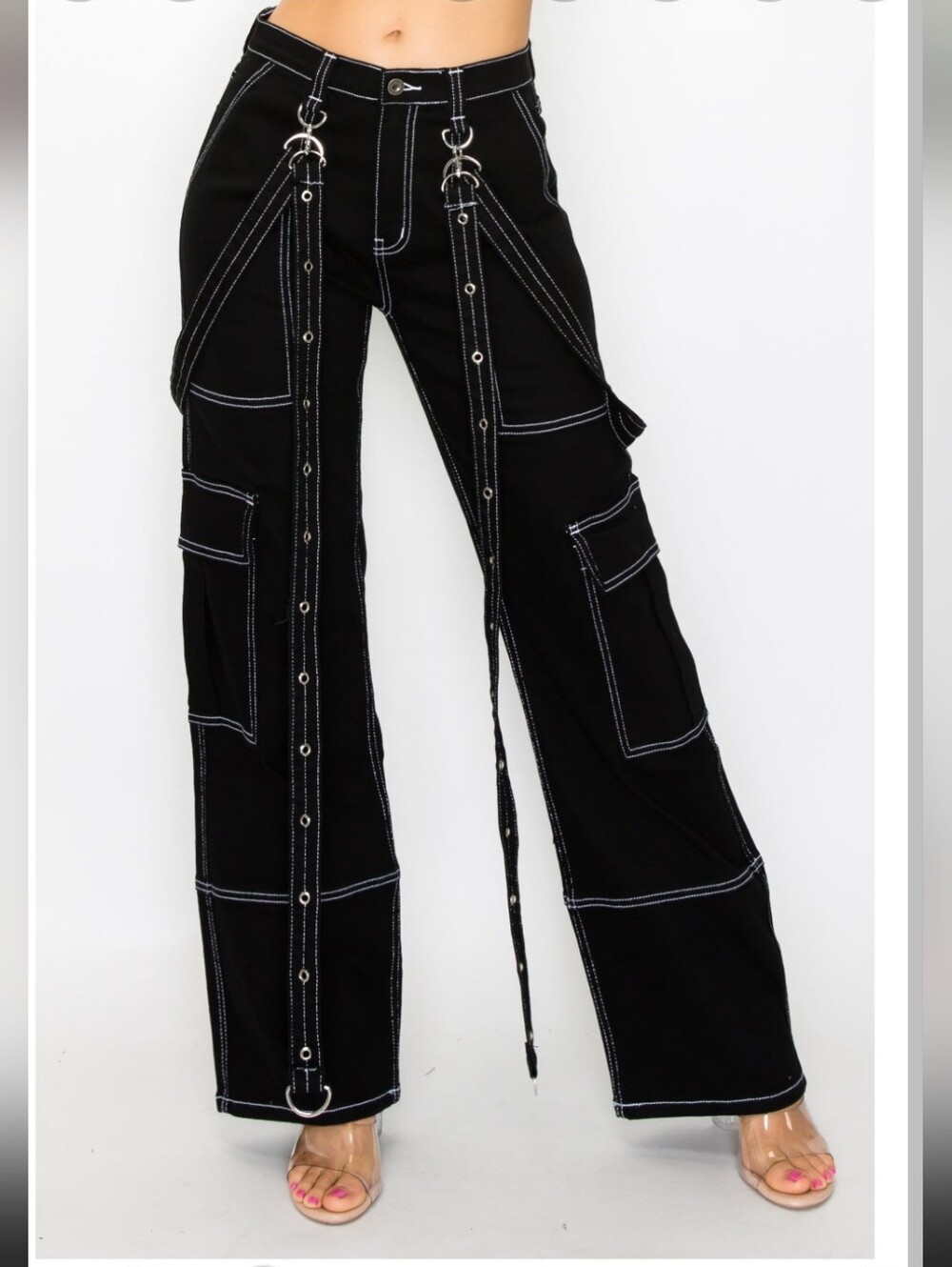 Aphrodite Women's Mid Rise Loose Fit Denim Pants w/eyelet suspenders